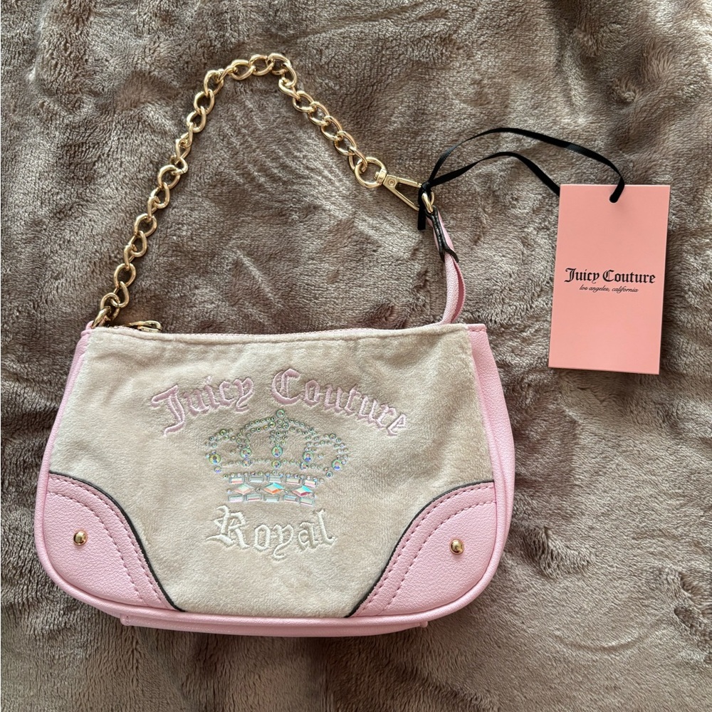 NWT- Juicy Couture Pink and Cream Heritage Velvet Clutch with Gold Chain
